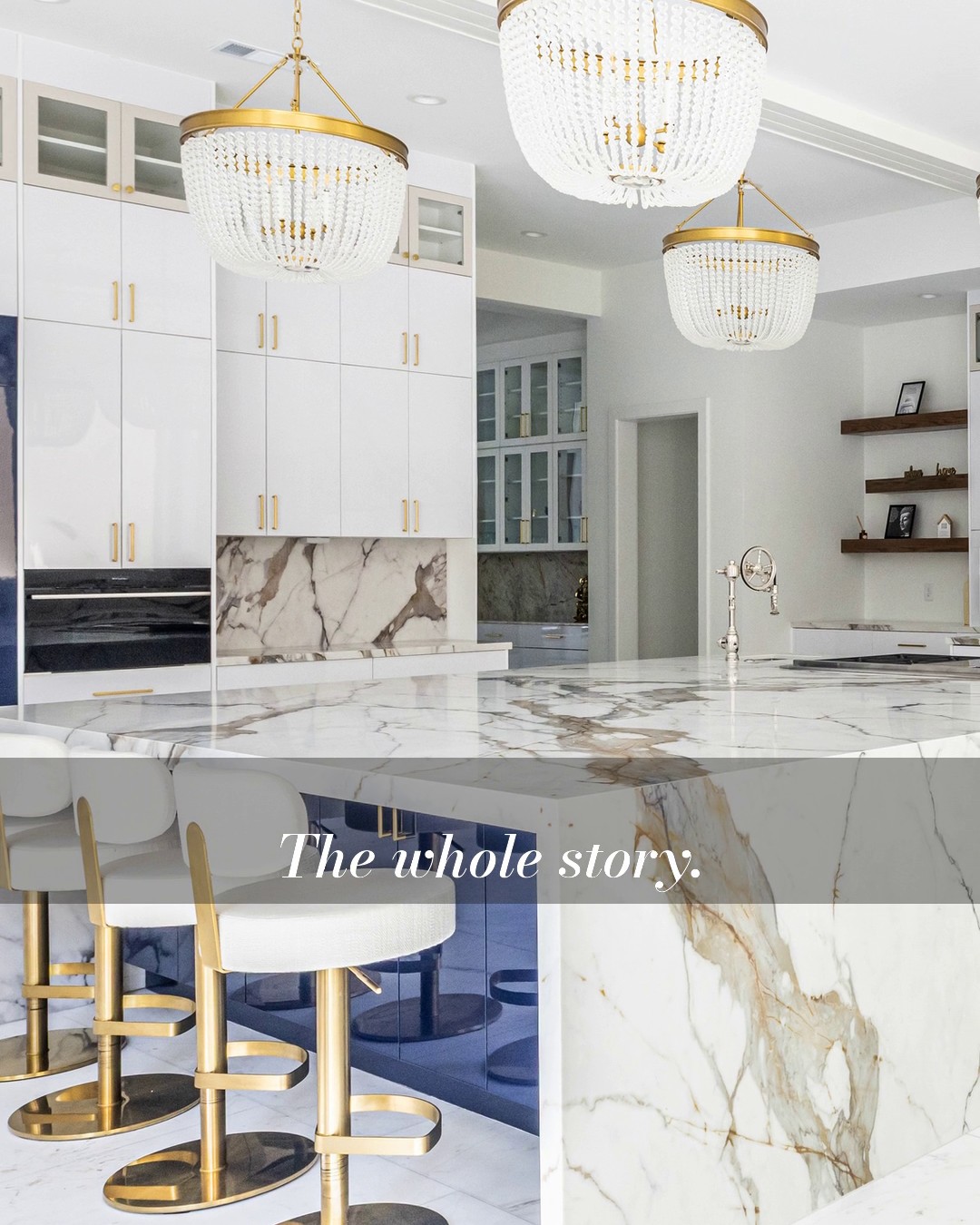 A Touch of Stone reel: finished kitchen with a waterfall marble island, brass pendants and the line The whole story